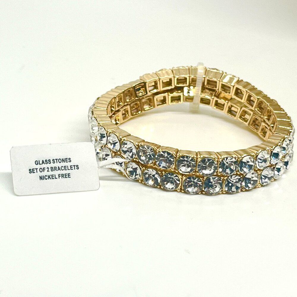 NWT Gold Tone Crystal Stretch Bracelets Set Of 2 Double Row Rhinestone Bling